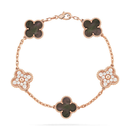 [Vicky]CLOVER 5 MOTIFS DARK MOP AND DIAMONDS PINK GOLD BRACELET
