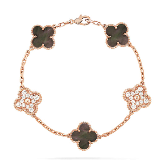 [Vicky]CLOVER 5 MOTIFS DARK MOP AND DIAMONDS PINK GOLD BRACELET