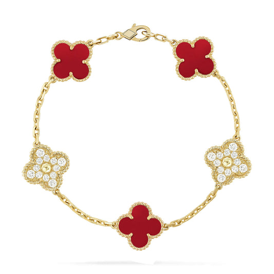 [Vicky]CLOVER 5 MOTIFS CARNELIAN DIAMOND BRACELET