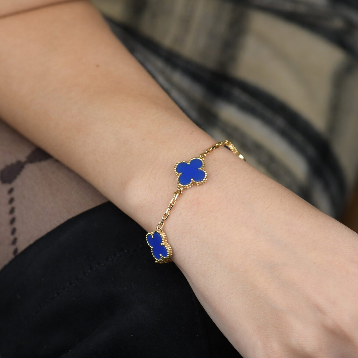 [Vicky]CLOVER 5 MOTIFS BLUE AGATE BRACELET