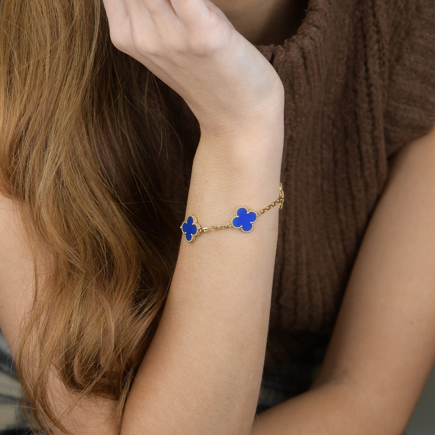 [Vicky]CLOVER 5 MOTIFS BLUE AGATE BRACELET