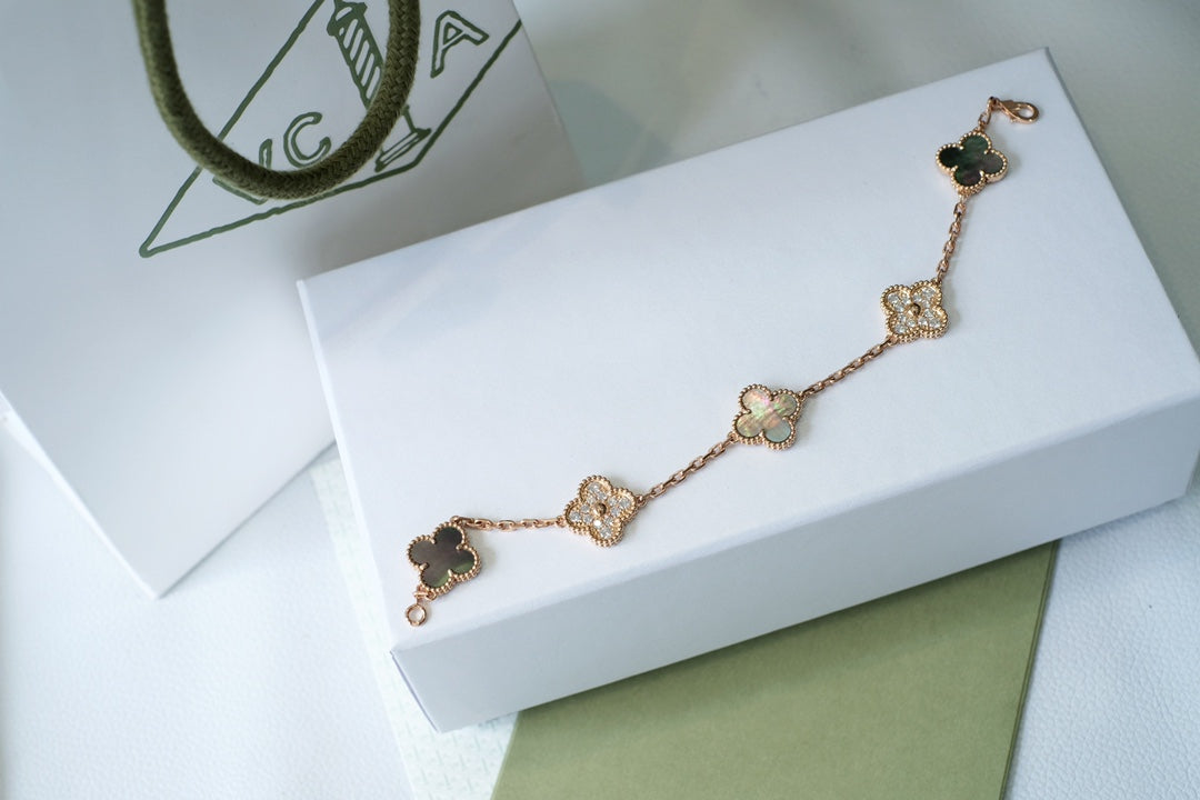 [Vicky]CLOVER 5 MOTIFS DARK MOP AND DIAMONDS PINK GOLD BRACELET
