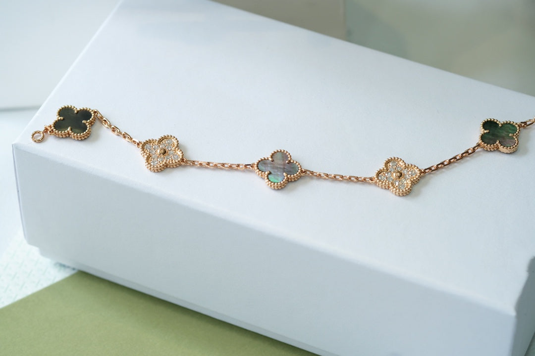 [Vicky]CLOVER 5 MOTIFS DARK MOP AND DIAMONDS PINK GOLD BRACELET