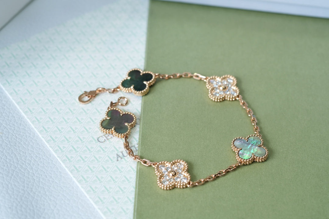 [Vicky]CLOVER 5 MOTIFS DARK MOP AND DIAMONDS PINK GOLD BRACELET