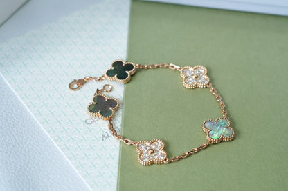 [Vicky]CLOVER 5 MOTIFS DARK MOP AND DIAMONDS PINK GOLD BRACELET