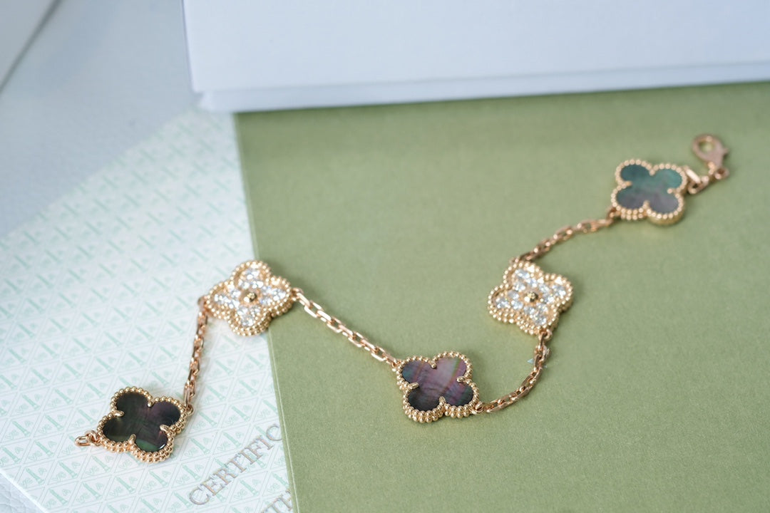 [Vicky]CLOVER 5 MOTIFS DARK MOP AND DIAMONDS PINK GOLD BRACELET