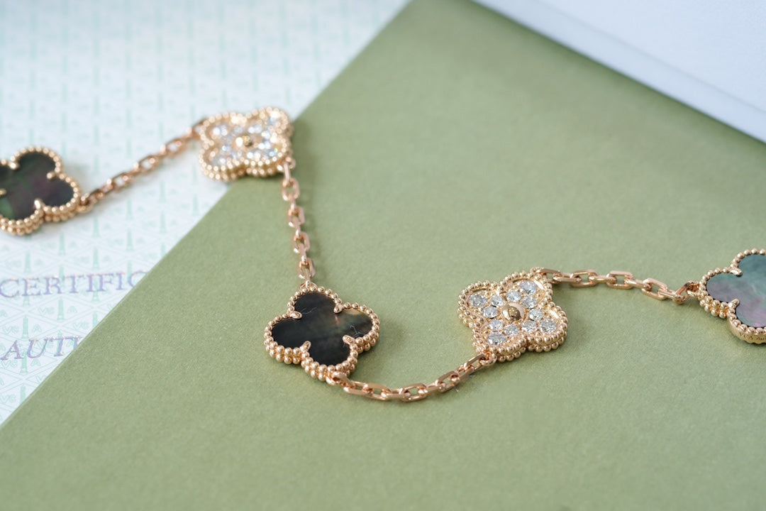 [Vicky]CLOVER 5 MOTIFS DARK MOP AND DIAMONDS PINK GOLD BRACELET