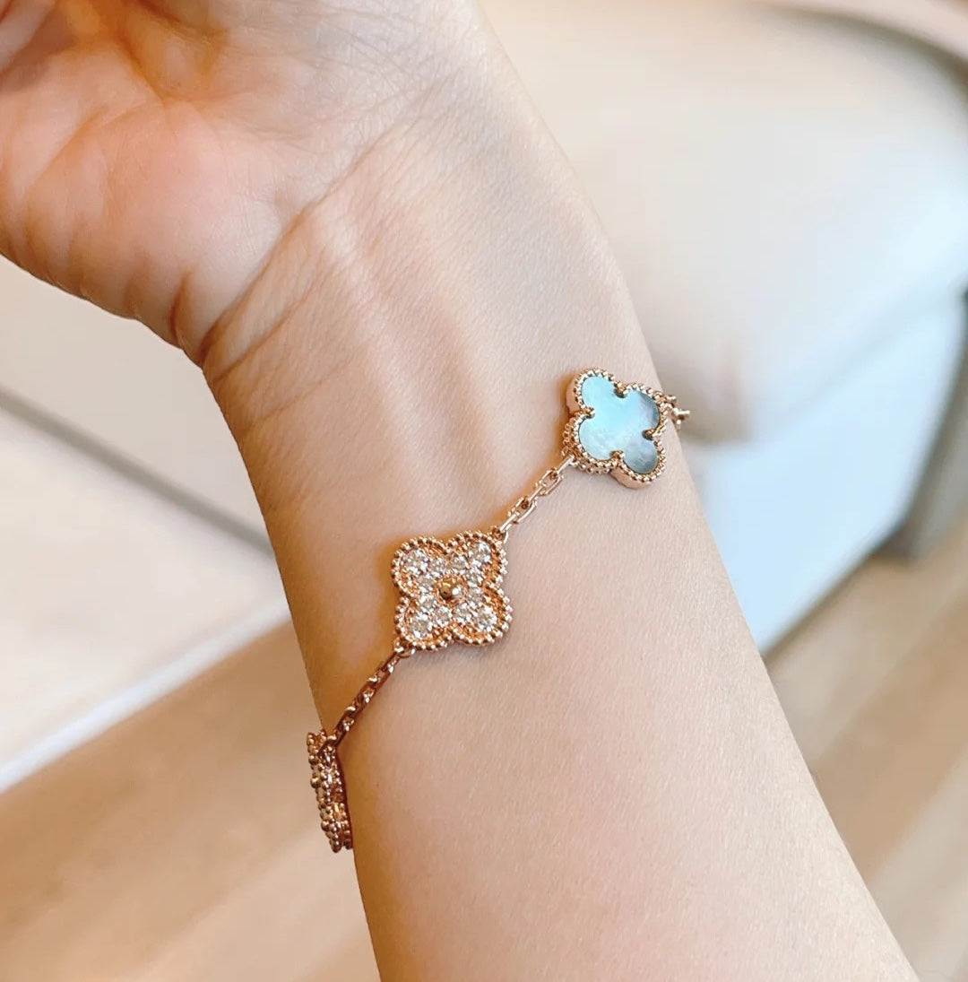 [Vicky]CLOVER 5 MOTIFS DARK MOP AND DIAMONDS PINK GOLD BRACELET